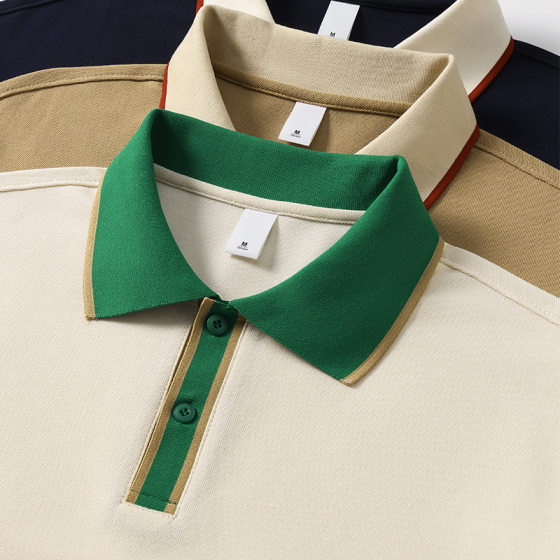 Heavy 240G pearl cotton contrast lapel short sleeve polo shirt men's loose casual Joker fashion brand academic style T-shirt