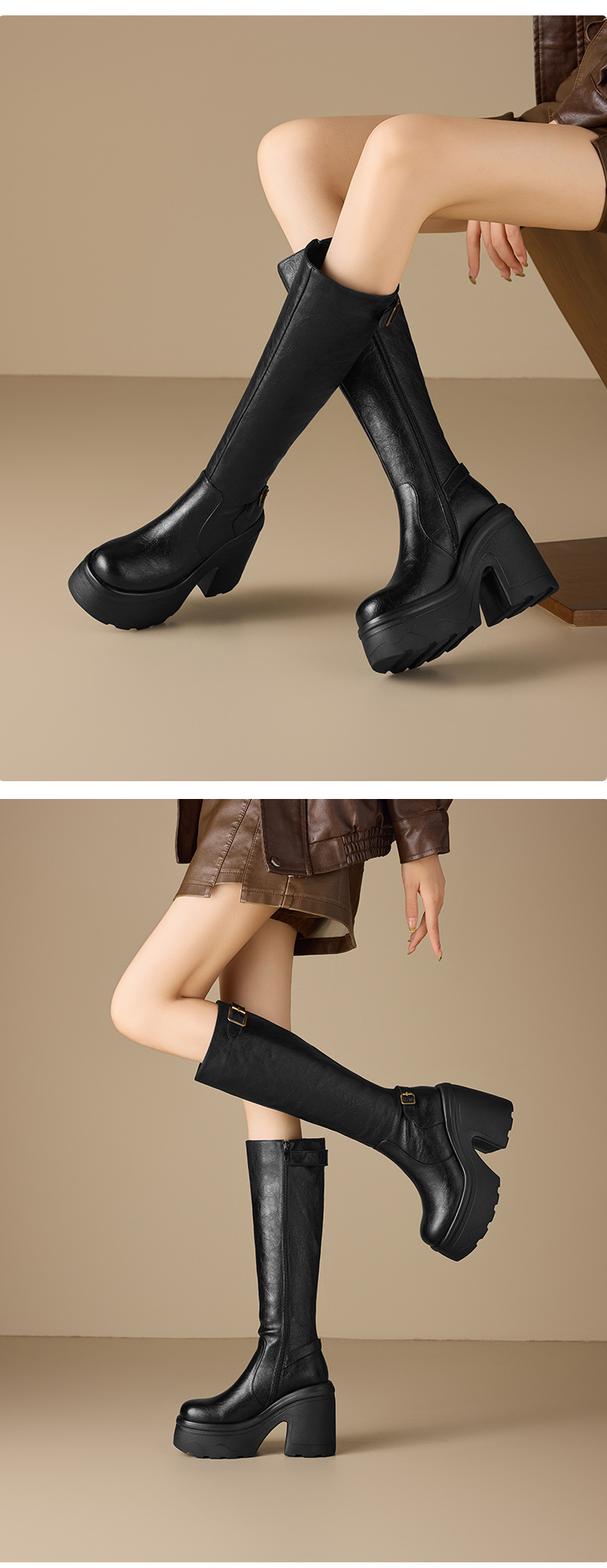 Boot nữ cổ thấp gót dày 12 cm phong cách Anh, đi xe máy — nhung nâu chi tiết 6