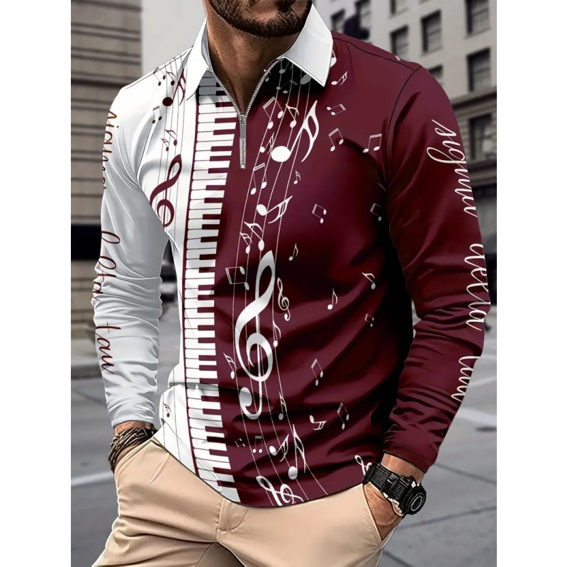 Venta caliente arte piano nota 3D impresión primavera y otoño hombre manga larga solapa suelta hombro cremallera camisa POLO