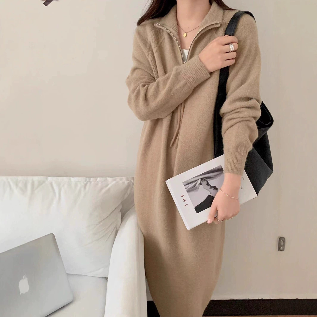 Корейское вязаное платье с полугольфом для женщин на осень и зиму с нижней юбкой, теплый утолщенный свитер, юбка средней длины