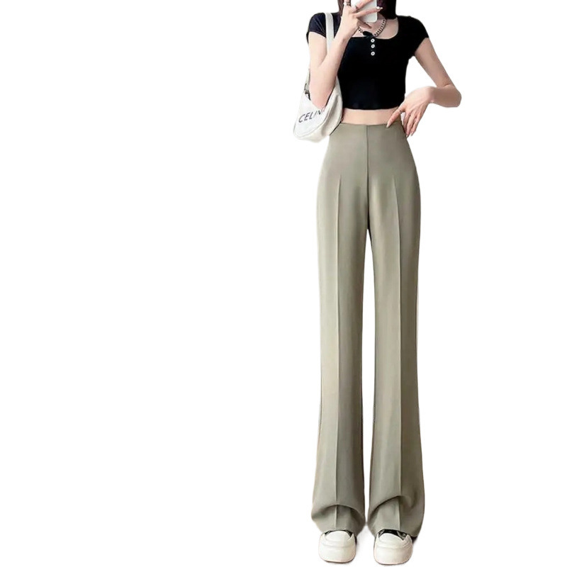女性用サイドジッパーマイクロフレアスーツパンツ、夏用薄手白ハイウエストワイドレッグパンツ、ドレープお腹引き締めヒップアップ、ナローストレートパンツ|undefined