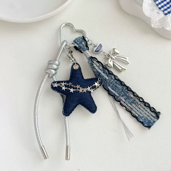 Creative denim pentagram bag charm with silver bow fabric star keychain, girl's backpack pendant wholesale