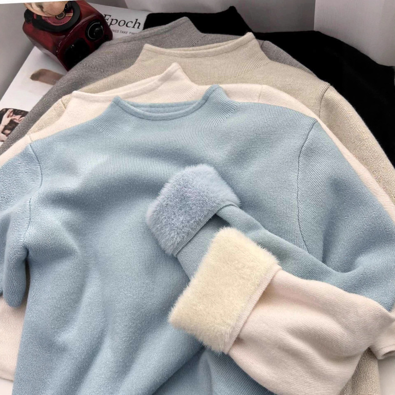 Japan's Rakuten Autumn and Winter Soft and Thickeneded One-Piece Velvet Inner Warm Knitted Sweater with Feminine Elegant and Simple Half Turtleneck