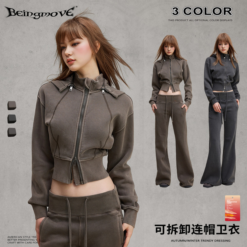 Street Food | 2025 Autumn European and American Retro Fleece Short Hooded Cardigan Zipper Waist-Cinching Sweatshirt Jacket for Women Street Food | 2025 Autumn European and American Retro Fleece Short Hooded Cardigan Zipper Waist-Cinching Sweatshirt Jacket for Women