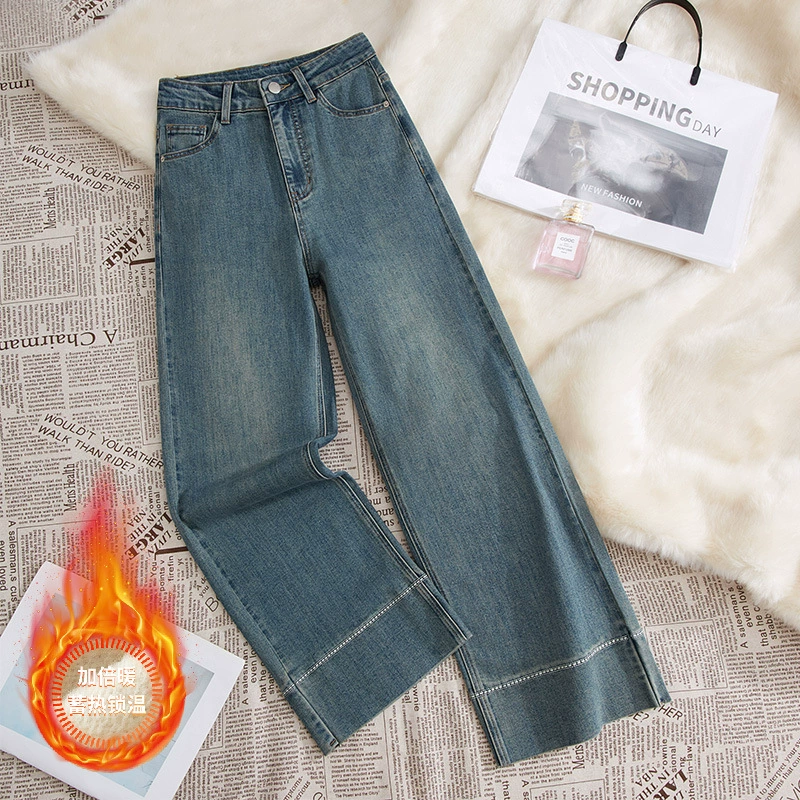 Плюшевая утолщенная прямая тонкая девятиукороченная маленькая вышивка узкая версия эластичные тонкие джинсы женские