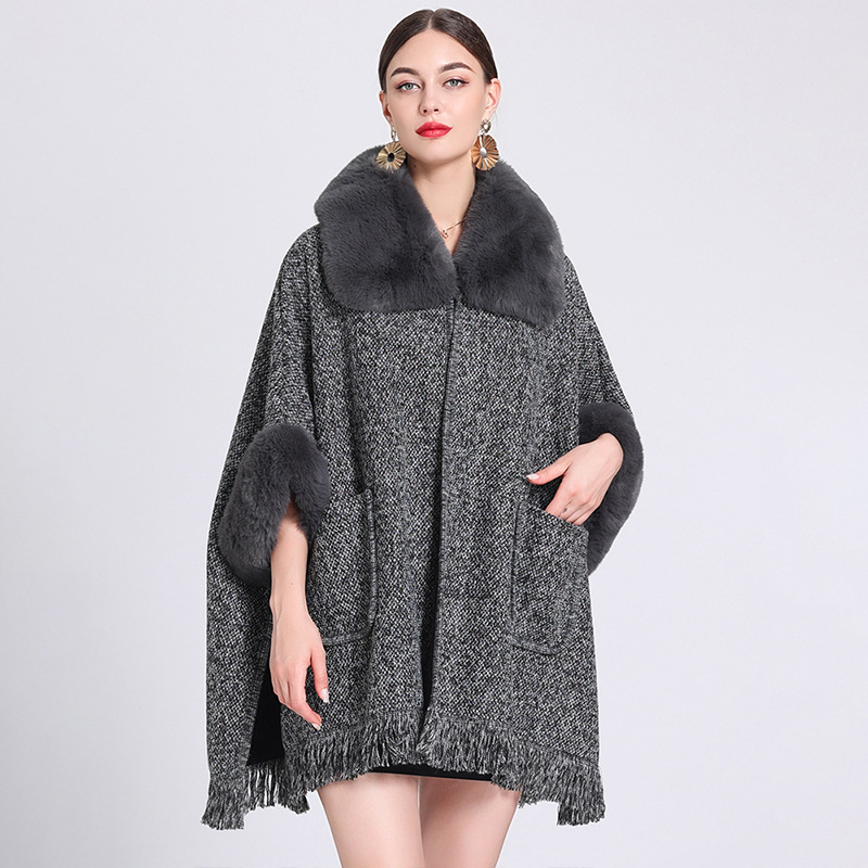 Extra Fleece, extra dicker Umhang mit Pelzkragen, lockerer großer Strickjackenmantel für Damen_voghion.com
