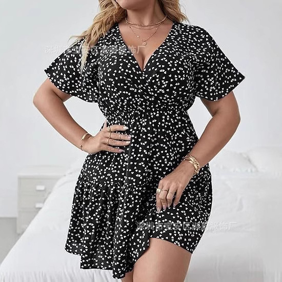 2025 Amazon ebay European and American Cross-border Women's Plus Size V-neck Ruffled Short Sleeve Wrap Printed dress 2025 Amazon ebay European and American Cross-border Women's Plus Size V-neck Ruffled Short Sleeve Wrap Printed dress