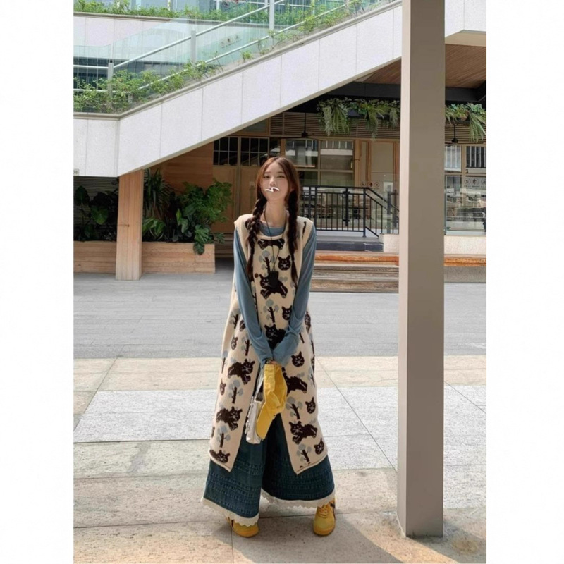 Designed Layered Vest Dress Bottoming Shirt Lace Wide-Leg Denim Pants Women's 2025 Spring & Fall Fashion Suit