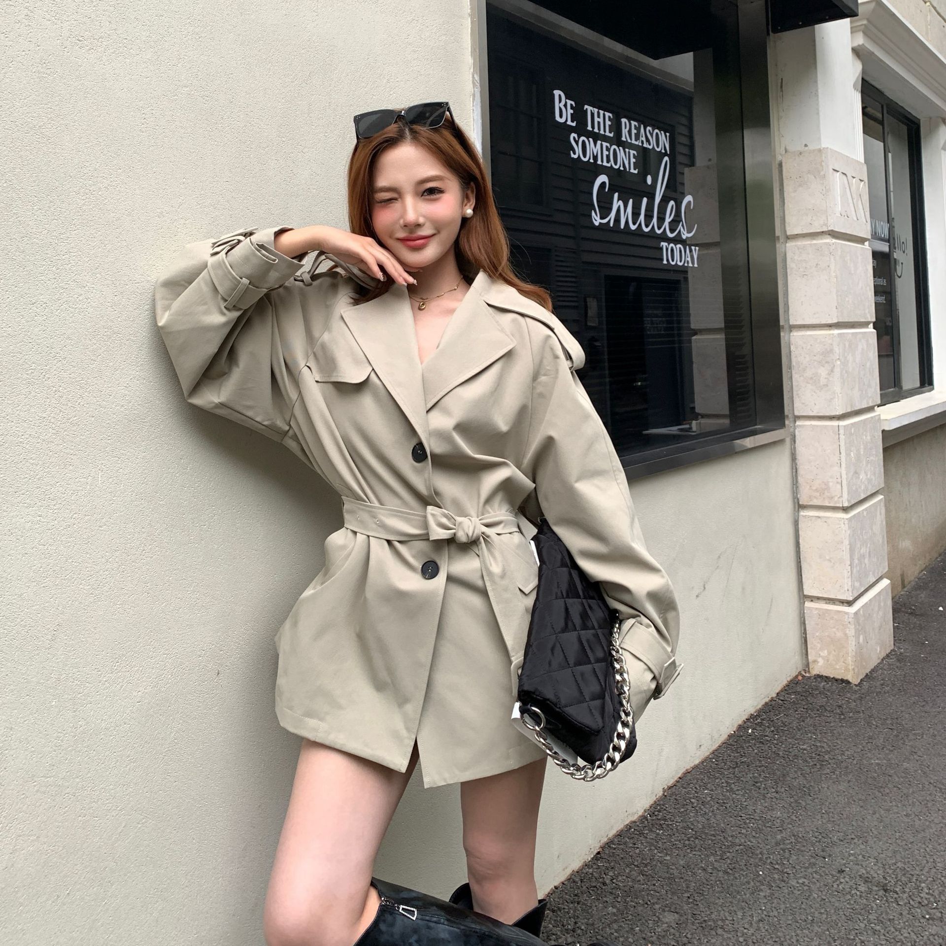 Ouyang Yang Lapel Trench Coat Jacket Autumn and Winter Loose Petite Mid-Length Ready-To-Ship Coat