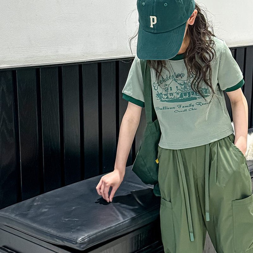 Girls' summer workwear sports suit  new style mid-to-large size patchwork T-shirt straight-leg pants trendy two-piece set