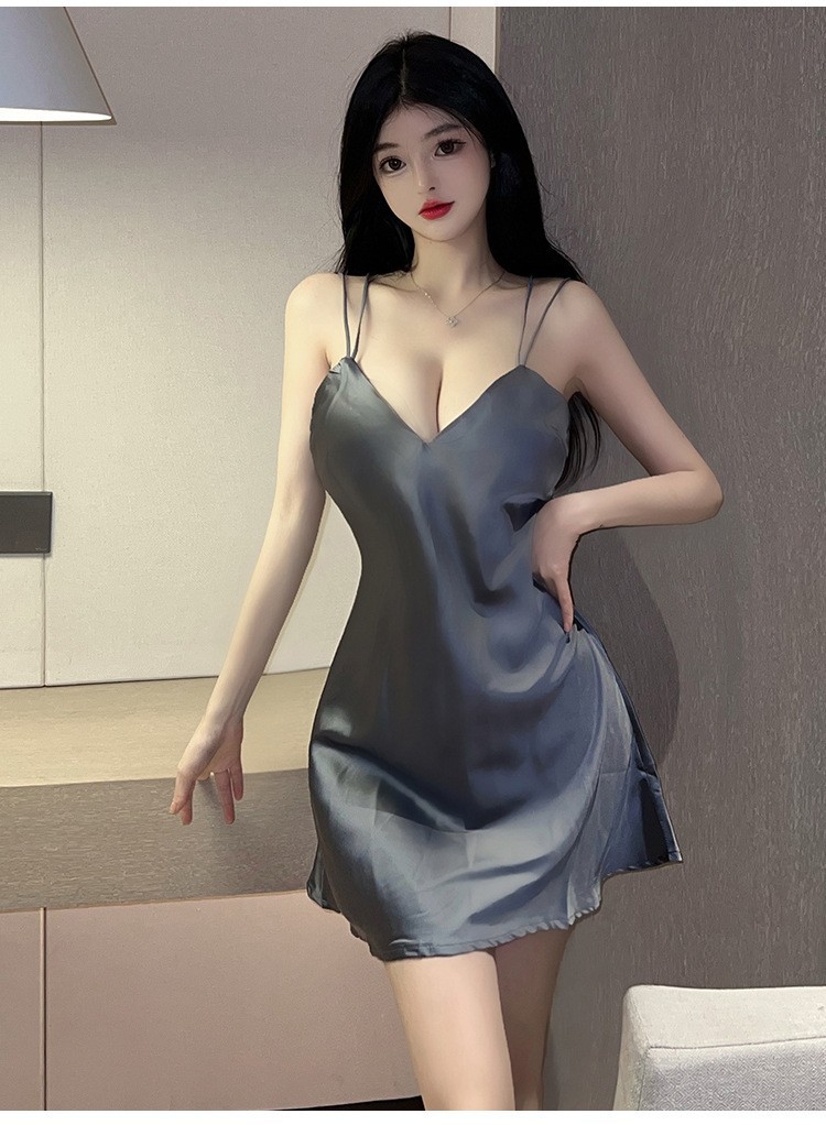 Women’s Ice Silk Sling Nightgown with Back Placket, Black, One Size — detail image 21
