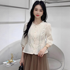 法式时尚七分袖衬衫女洋气刺绣小衫早秋爆款百搭外贸小衫显瘦上衣