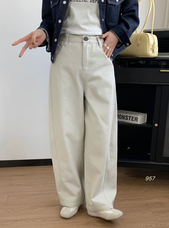 高腰显瘦宽松阔腿长裤女春秋纯色休闲百搭设计感弯刀裤|undefined