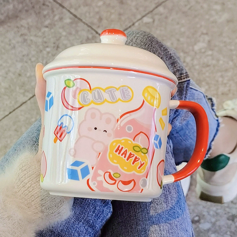 Креативная керамическая кружка, женская домашняя кофейная чашка, офисная эмалированная чашка с крышкой, большая вместительная чашка для чая, чашка для питья