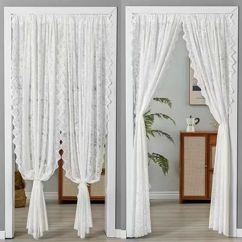 Sheer Curtain Balcony Sunshade with Beaded French-Style Magic Tape, No-Drill Installation Lace Curtain, Door Curtain, Partition Curtain