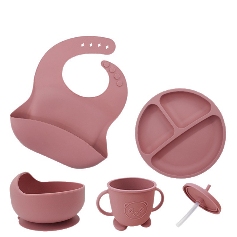 Conjunto de cubiertos de silicona para niños cubiertos de alimentación de grado alimenticio para bebés cubiertos de alimentación integral a prueba de caídas tazón taza de paja