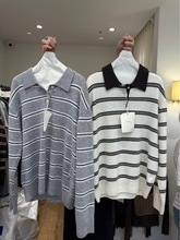 现韩国东大门代购JINSIM女2025秋冬洋气POLO领条纹羊毛针织衫毛衣