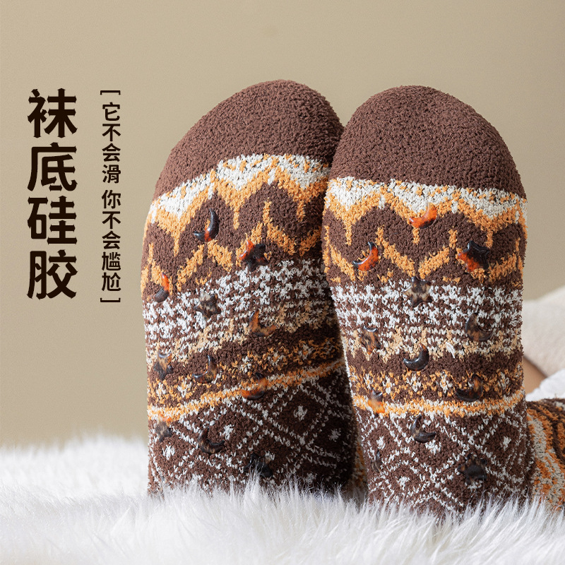 Lamb wool floor socks women's autumn and winter wool thickened warm non-slip silicone home socks ethnic wind tube socks
