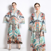 夏季度假风复古宽松型深V领长袖雪纺连衣裙长裙