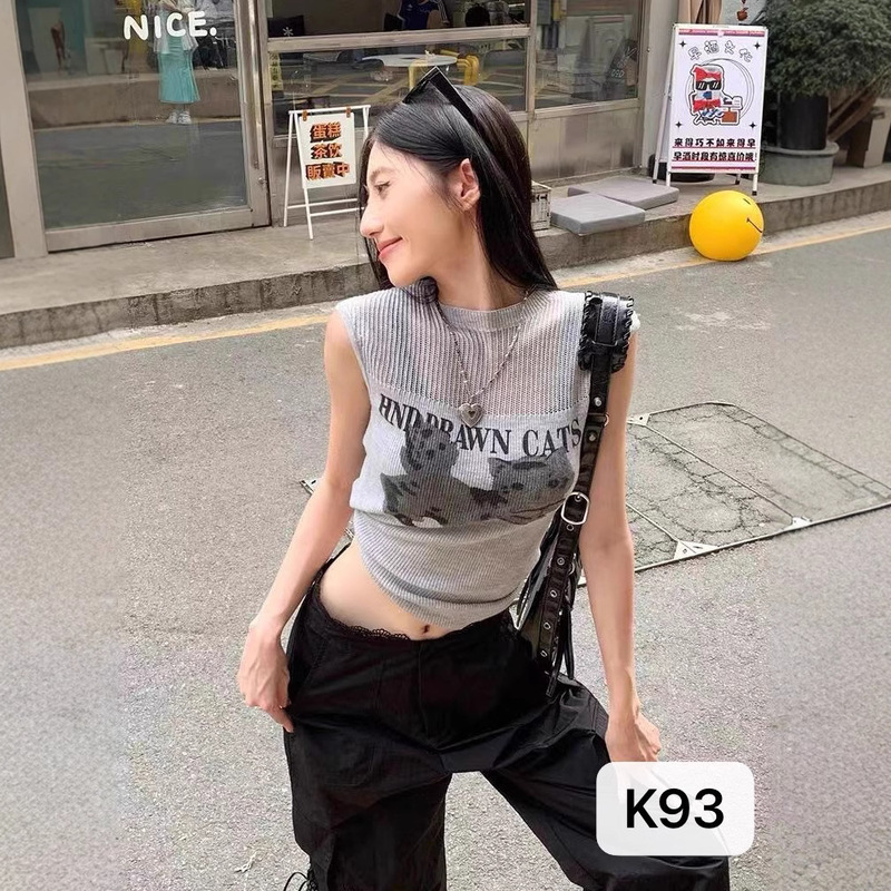 背心女2025新款春韩系小个子卡通提花设计感小众无袖镂空针织上衣|undefined