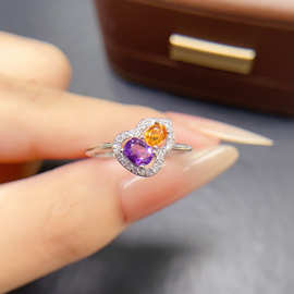 跨境亚马逊天然紫水晶+黄水晶戒指S925银主石4*5奢华首饰工厂钻石