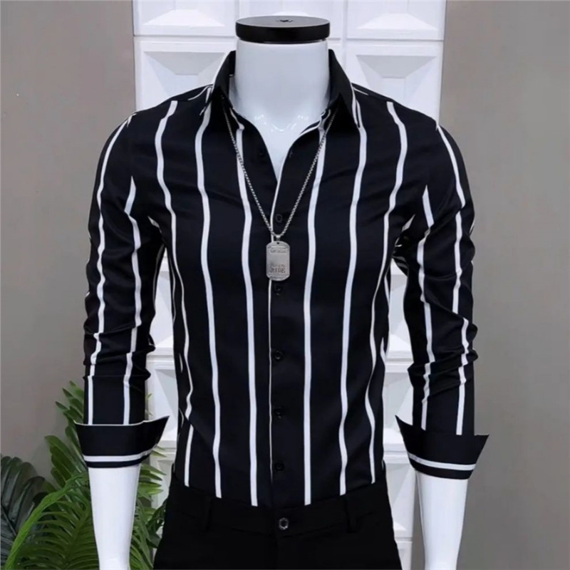 新款条纹2025寸衫春秋季衬衫个性男长袖潮流小伙潮修身精神发型师