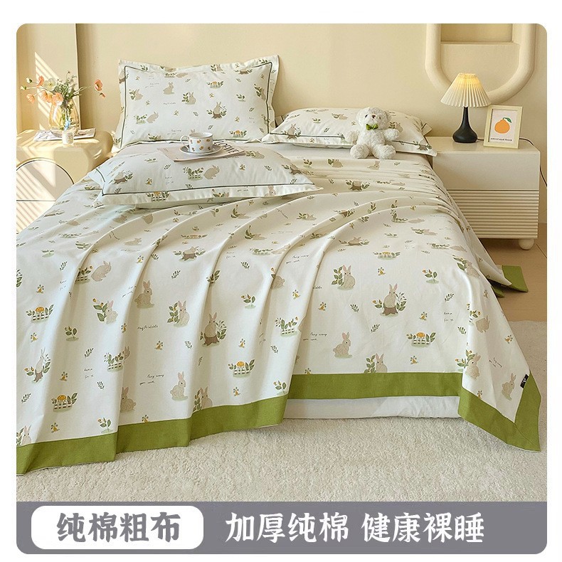 Ropa de cama de tela gruesa vieja de algodón puro, una sola pieza 2025 nueva funda de almohada de edredón impresa de verano, un solo traje de tres piezas