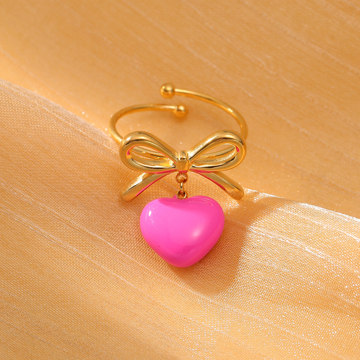 304 Stainless Steel Sweet Enamel Plating Heart Shape Bow Knot Charm Rings Open Rings display picture 3