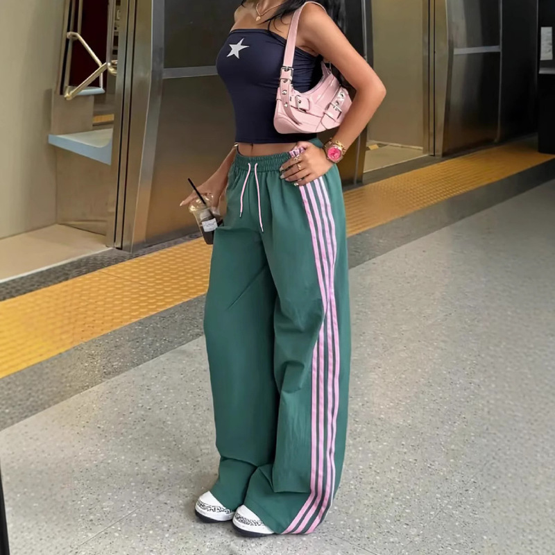 2025 American Casual Summer New Retro Four-Stripe Sweatpants High-Waisted Drawstring Design Slimming Wide-Leg Pants