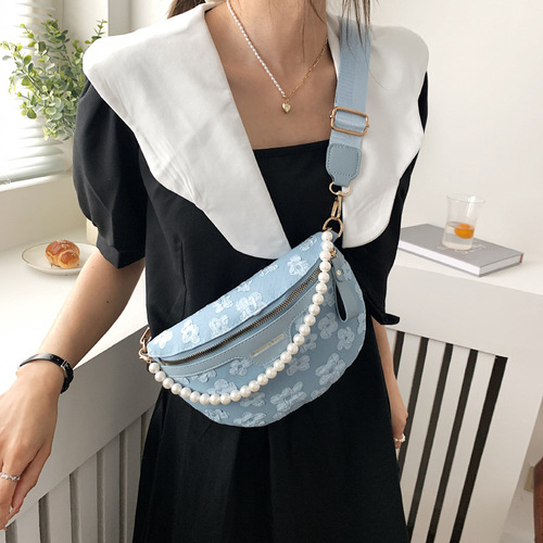 New chest bag, cross-body bag,  new mobile phone waist bag, women's bag, fashionable small flower pearl hand-held crossbody bag for women