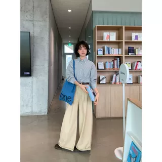 打褶卷边阔腿牛仔裤女秋冬通勤浅卡其宽松休闲气质长裤