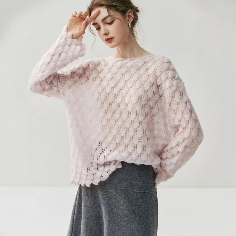New Stylish Hollow-Out Knit Sweater Cover-Up Autumn and Winter Cashmere Sweater 2025 Off-Shoulder Silk Women's Loose Lazy Thin Sweater