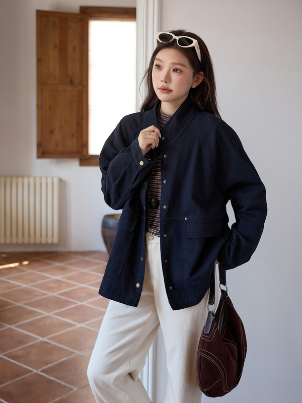 大码女装秋冬巴恩风工装时尚外套女 韩版宽松休闲上衣牛仔H型开衫|undefined
