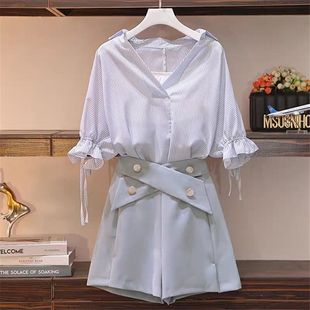 NUNBAI plus size Women's Clothing Chubby Sister New Summer Fashionable Women's Wear Western Style Shirt suit High Waist Shorts Three Pieces