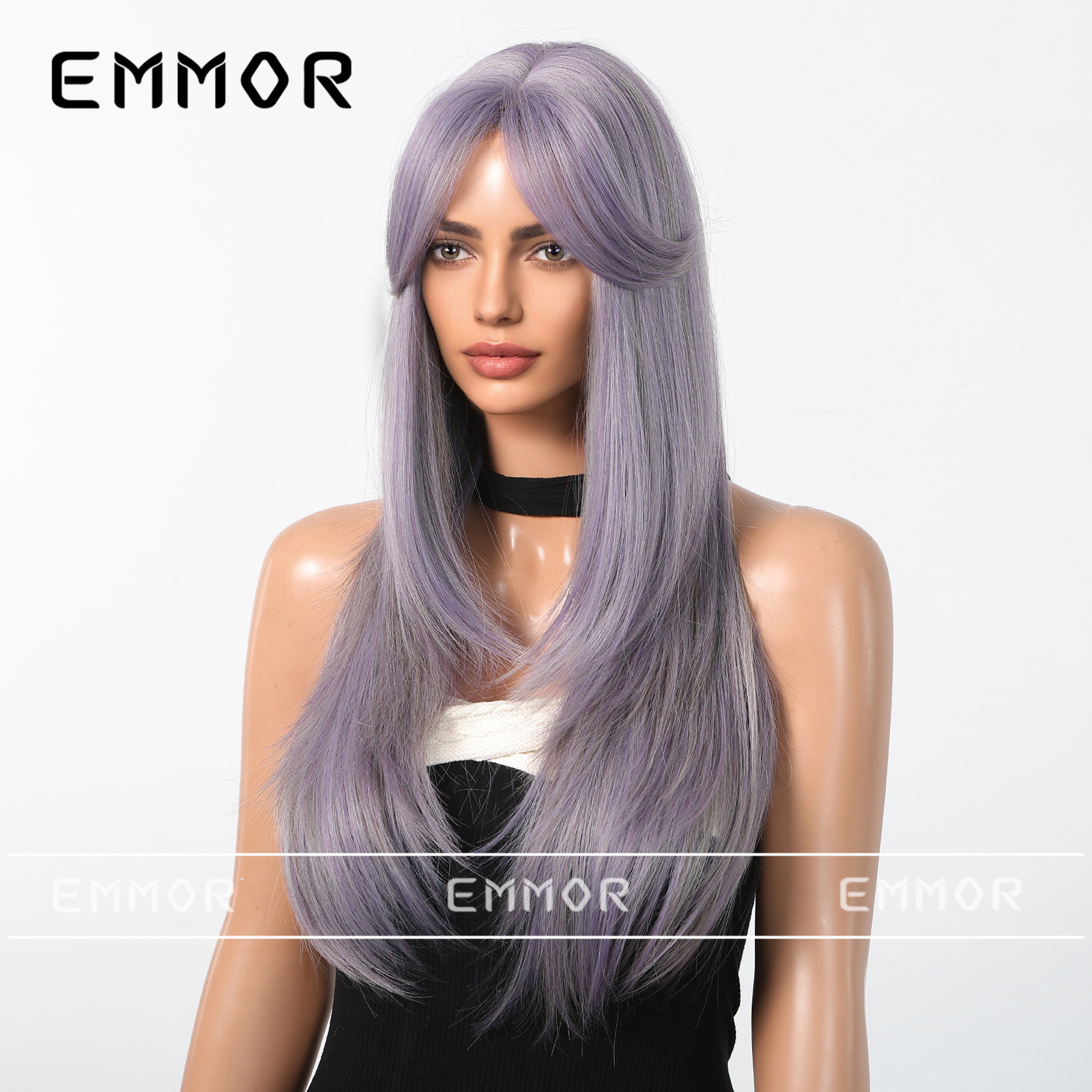 Peluca de estilo europeo y americano para mujer cabello largo cubierta completa de la cabeza celebridad de Internet nuevo flequillo de ocho caracteres de longitud media púrpura y2g nivel largo cabello liso