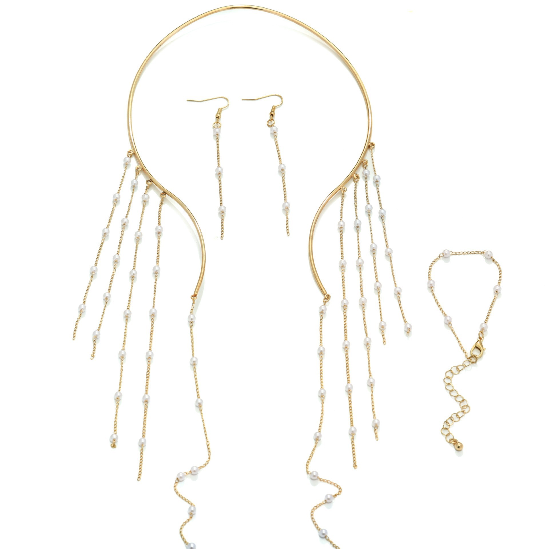 Collar de borla larga estilo explosivo transfronterizo, collar de perlas de imitación, pulsera, traje de pendientes, collar de novia de boda para mujer