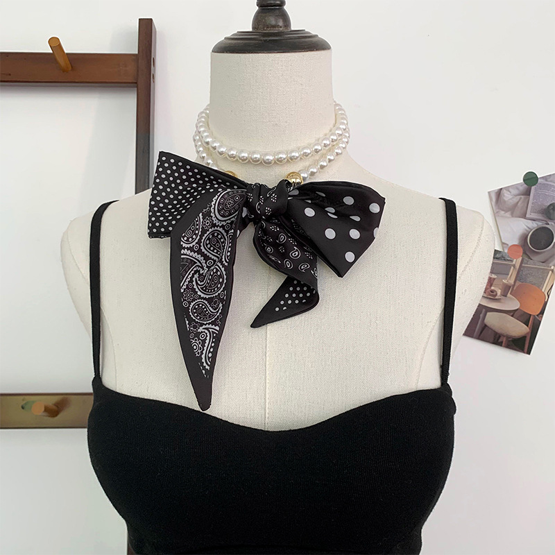 Collar de perlas Pañuelo de seda pequeño de tira larga Sentido de alta calidad Primavera y verano Nuevo estilo Bufanda de todo fósforo Turbante retro Cinta para el cabello