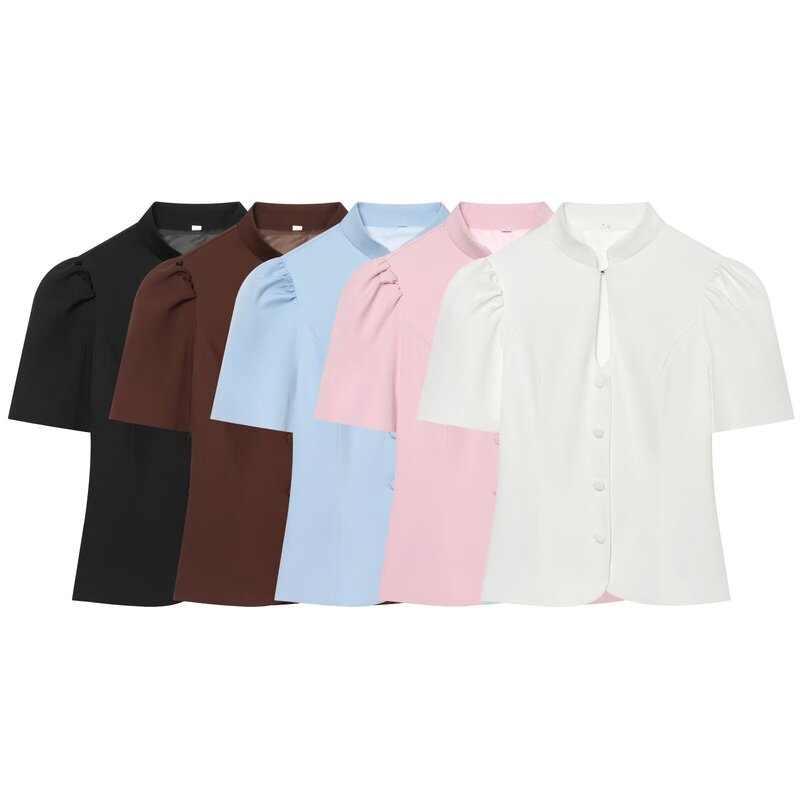 Pb&Za New Women's Clothing, Commuter Style, Slim Fit, Single-Breasted, Stand-Up Collar, Puff Short-Sleeved, Short Casual Top Pb&Za New Women's Clothing, Commuter Style, Slim Fit, Single-Breasted, Stand-Up Collar, Puff Short-Sleeved, Short Casual Top