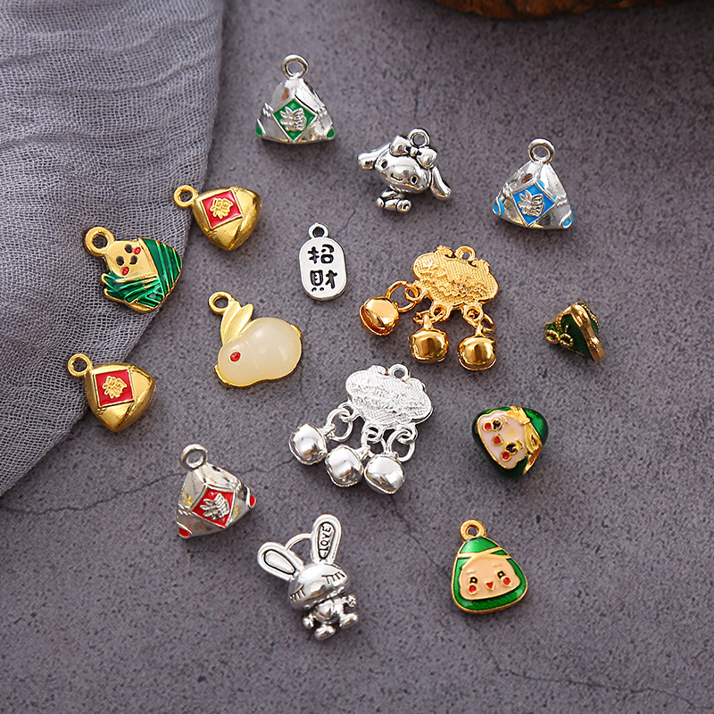 Dragon Boat Festival colorful rope bracelet accessories alloy small dumplings rabbit longevity lock pendant handmade diy pendant wholesale