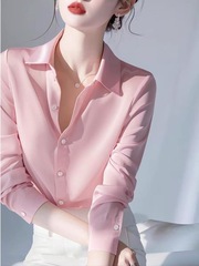 おしゃれな小さな香りのピンクの襟付き長袖シャツ女性の春の新しい洋風がきれいで通勤してシャツを重ねている
