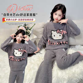 可爱凯蒂猫珊瑚绒睡衣女秋冬季2025新款加厚半边绒冬天家居服套装