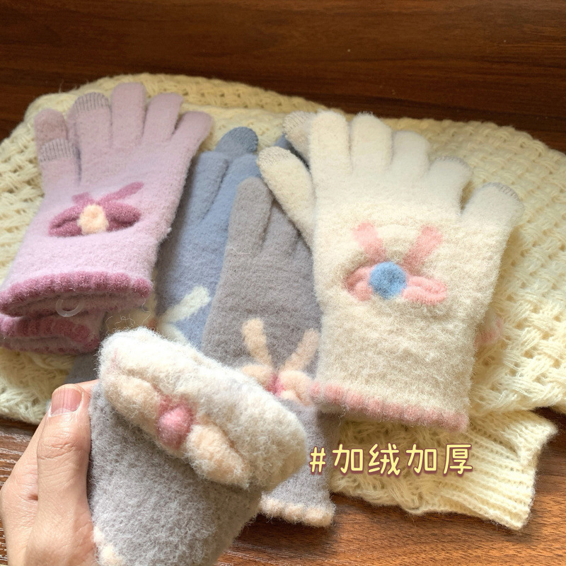 可触屏针织手套毛绒分指可爱冬季骑行保暖加绒加厚触屏蝴蝶结手套|undefined