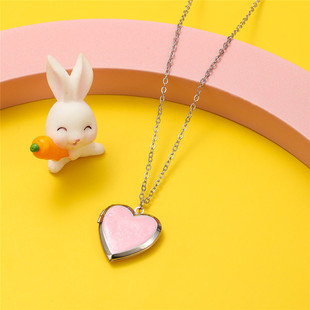 New Children's Jewelry Pink Love Necklace Openable Peach Heart Photo Frame Pendant Glitter Drop Oil Necklace for Girls