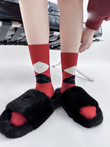 Academic Girl Herringbone Pattern Knee-High Socks for Girls Autumn/Winter Instagram Contrast Color Japanese Retro Regular Han Style Pure Cotton