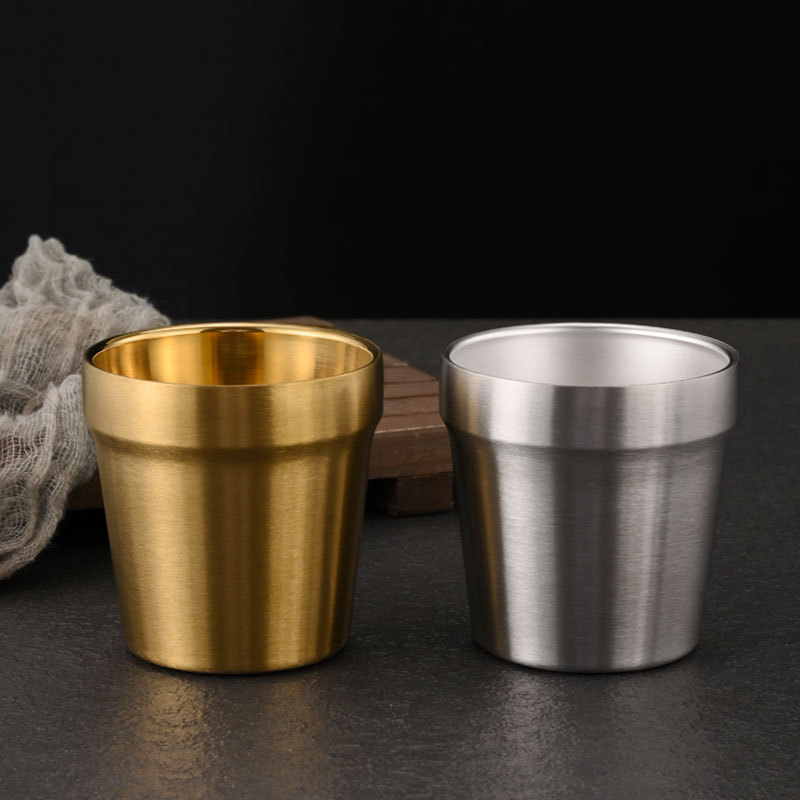 Coreano 304 de acero inoxidable de doble capa de oro taza de agua barbacoa restaurante cerveza taza de té bebida taza logotipo personalizado