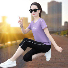 纯棉运动套装女夏季2025年新款时尚洋气中年女士短袖七分裤两件套