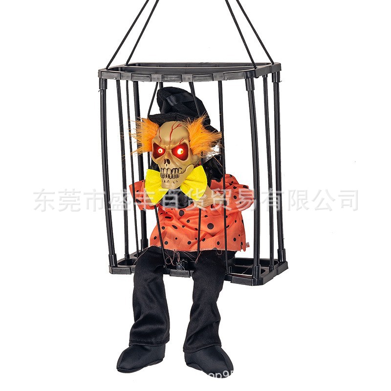 Halloween colgar fantasmas juguetes de jaula de prisioneros fantasmas luminiscentes eléctricos sonidos se pueden colgar y llevar fantasmas de jaula de payaso