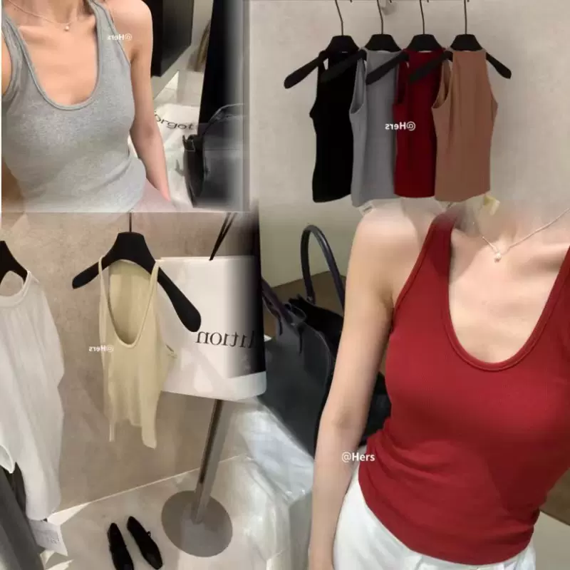 卡逸黛【带胸垫】性感挂脖工字吊带背心女舒适遮副乳螺纹棉女上衣