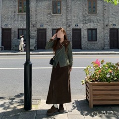 大码女装早秋美拉德风牛仔拼接外套长短皮裙套装微胖显瘦纯色