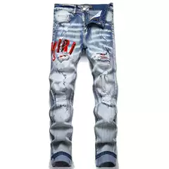 Guangzhou High Version New European and American Style Fashion Blue Ripped Cloth Embroidered Stretch Leg Men's Jeans